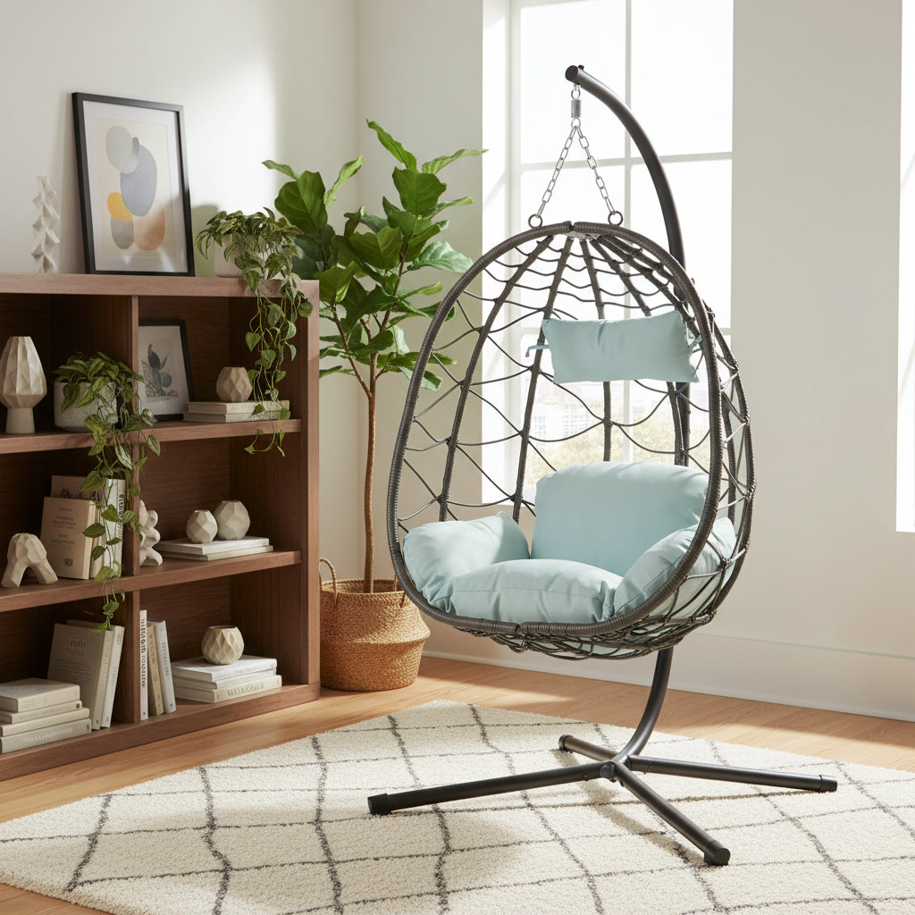 Indoor outdoor hanging egg chair with stand and cushion