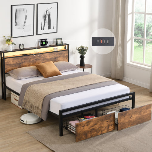 Queen size LED bed frame with storage headboard and drawers